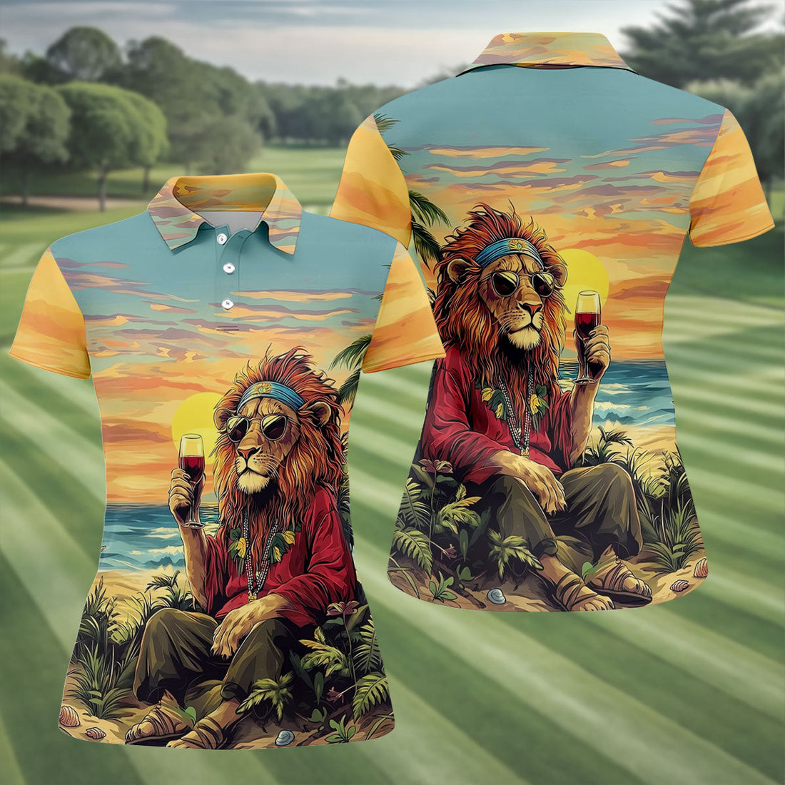 Tropical Lion Sunset Teal Hawaiian Golf Polo, Golf Tops For Women, Golfing Apparel