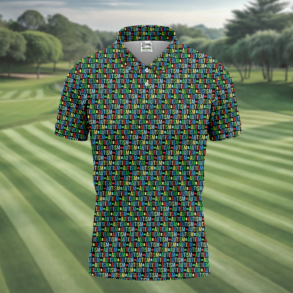 Autism Awareness Colorful Letters Seamless Pattern Golf Tops For Men, Polo Shirts For Men