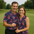Dark Tropical Pink Flamingo Pattern Golf Shirt, Mens Polo Shirts, Hawaiian Golf Shirt, Printed Golf Shirts