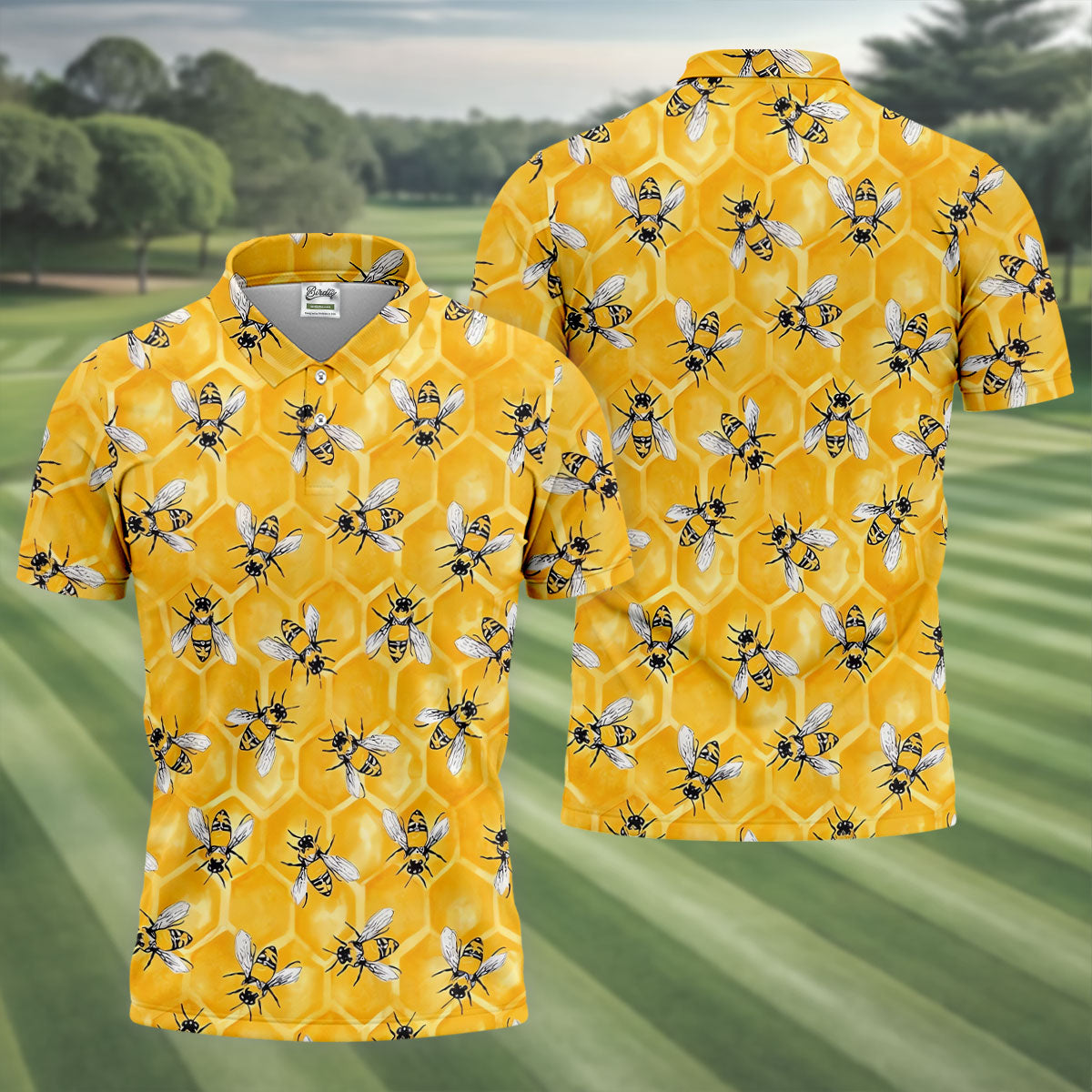Realistic Flying Bees on Golden Honeycomb Hawaiian Golf Polo, Golf Tops For Men, Golfing Apparel