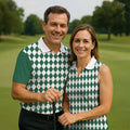 Green And White Argyle Pattern Retro Golf Shirt, Golf Tops For Men, Golf Shirts For Men, Polo For Men