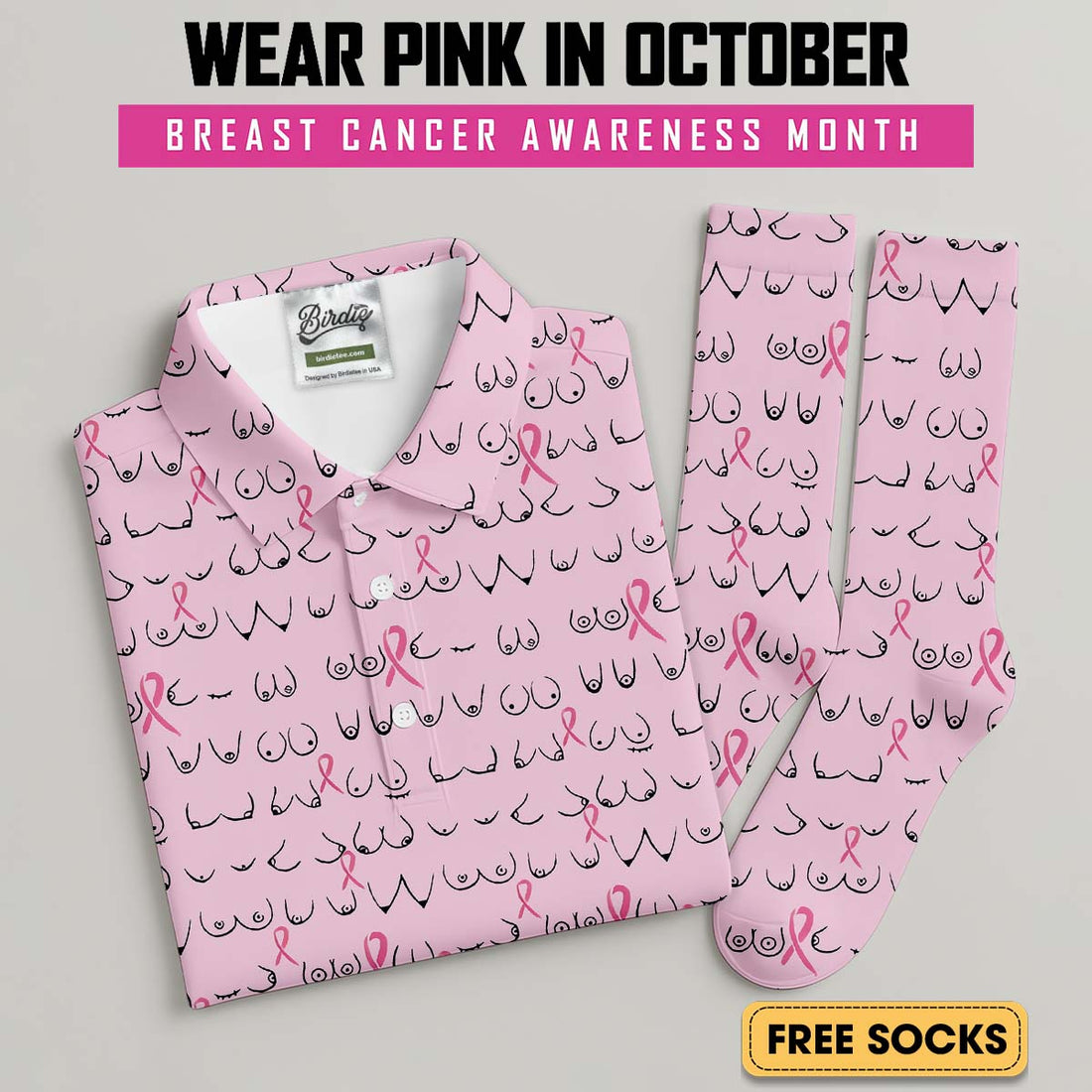 Pink Breast Cancer Awareness Golf Polo With Free Socks