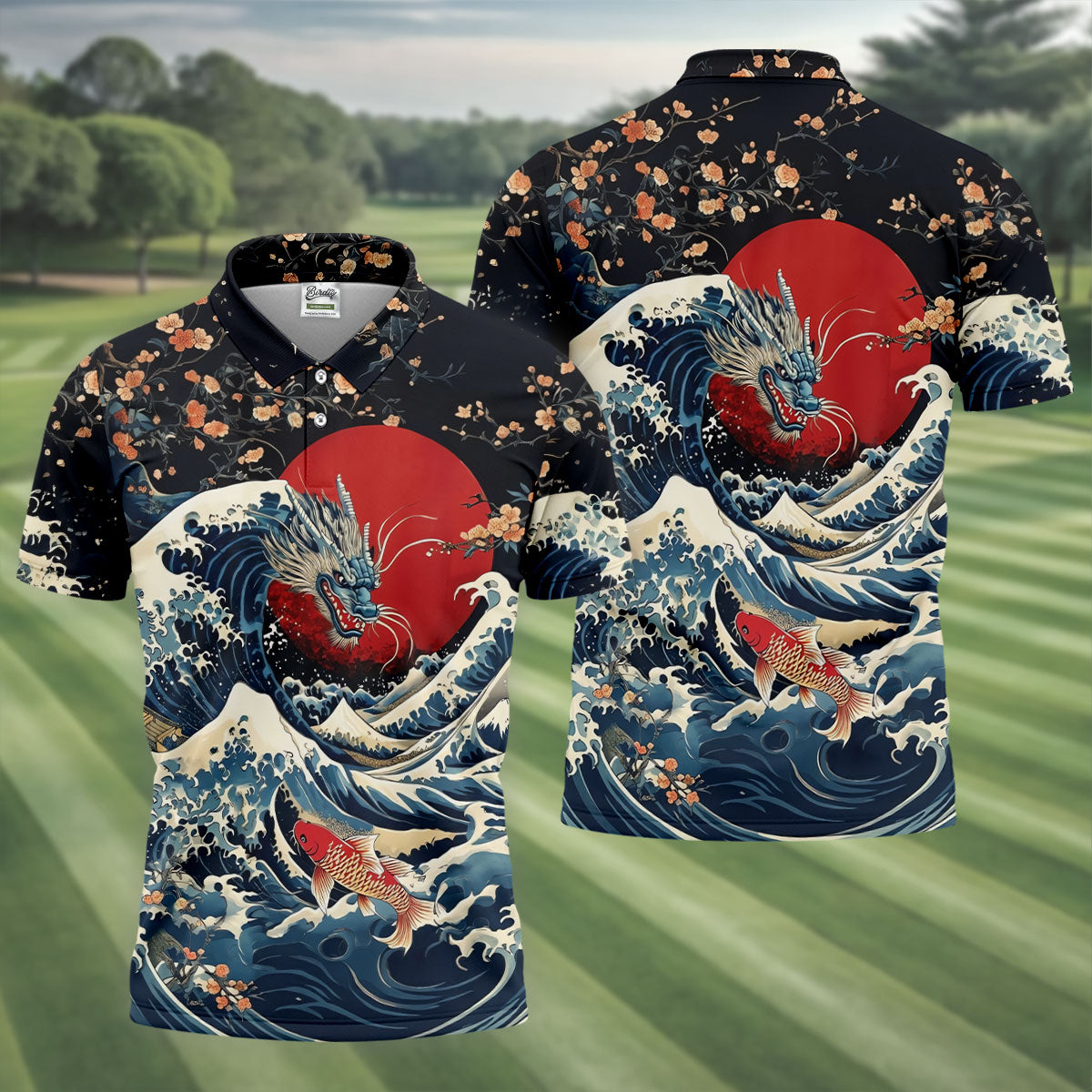 Japanese Dragon Koi Wave Hawaiian Golf Shirt, Mens Golf Apparel, Golf Polo Shirts For Men