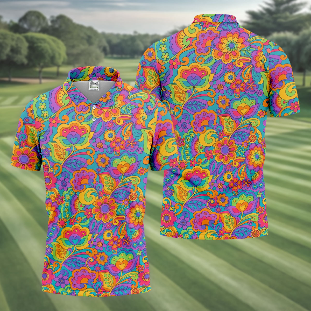 Vintage Psychedelic Floral Pattern Hawaiian Golf Shirt, Mens Golf Shirts, Golf Polo Shirts For Men