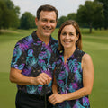 Funny Black Cat Purple Blue Gradient Hawaiian Golf Shirt, Golf Shirts For Men