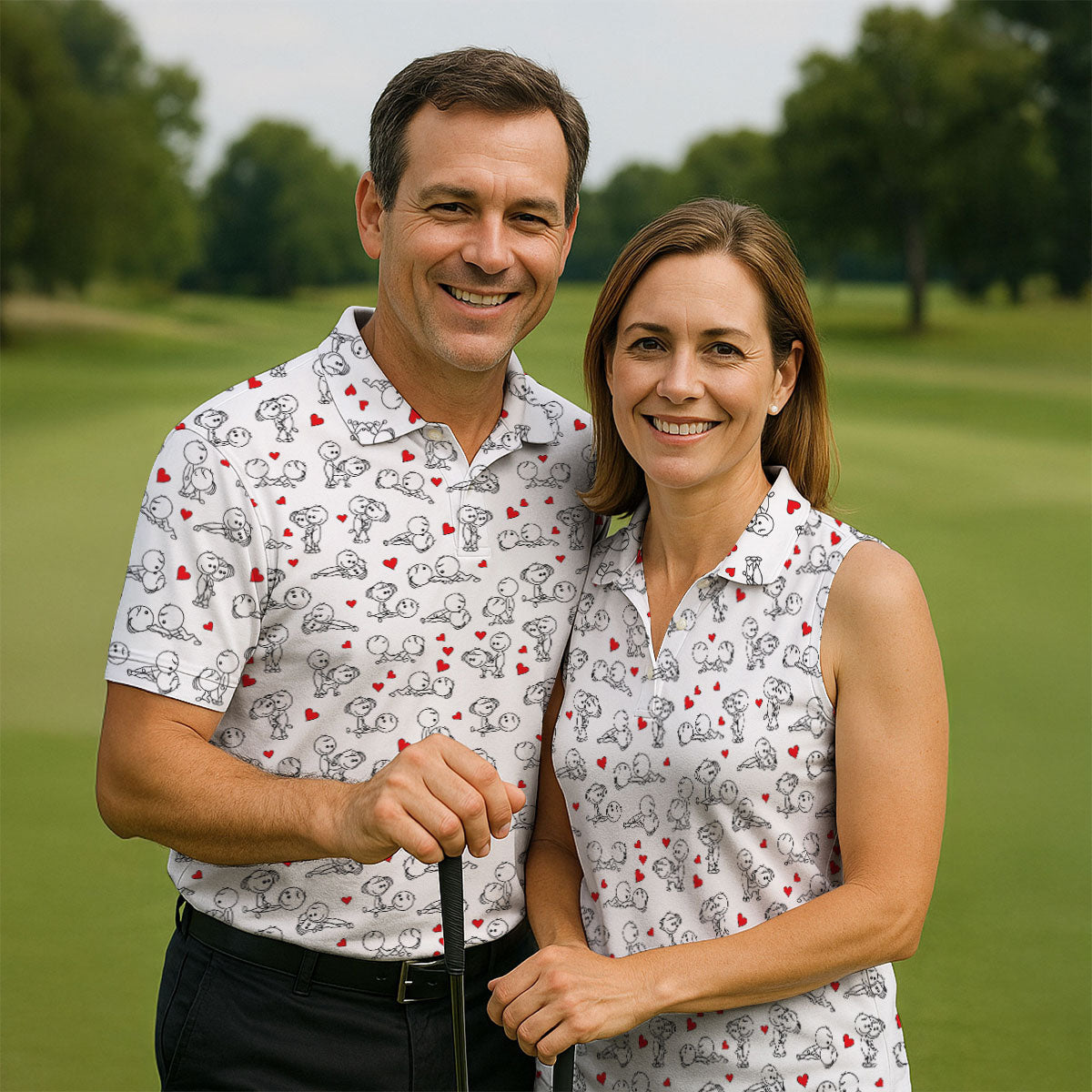 Naughty Position Stick Figure Couple White Golf Shirt, Golfer Valentines Gift, Fun Golf Shirts For Men