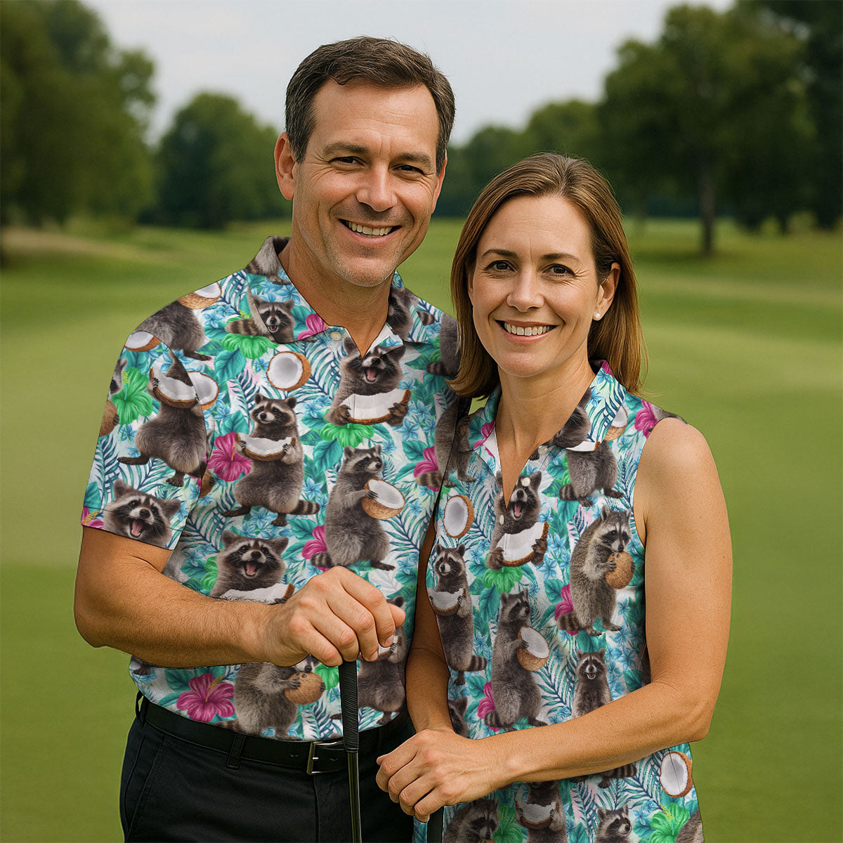 Funny Raccoons Enjoying Coconuts Design Hawaiian Golf Polo, Golf Tops For Women, Golfing Apparel