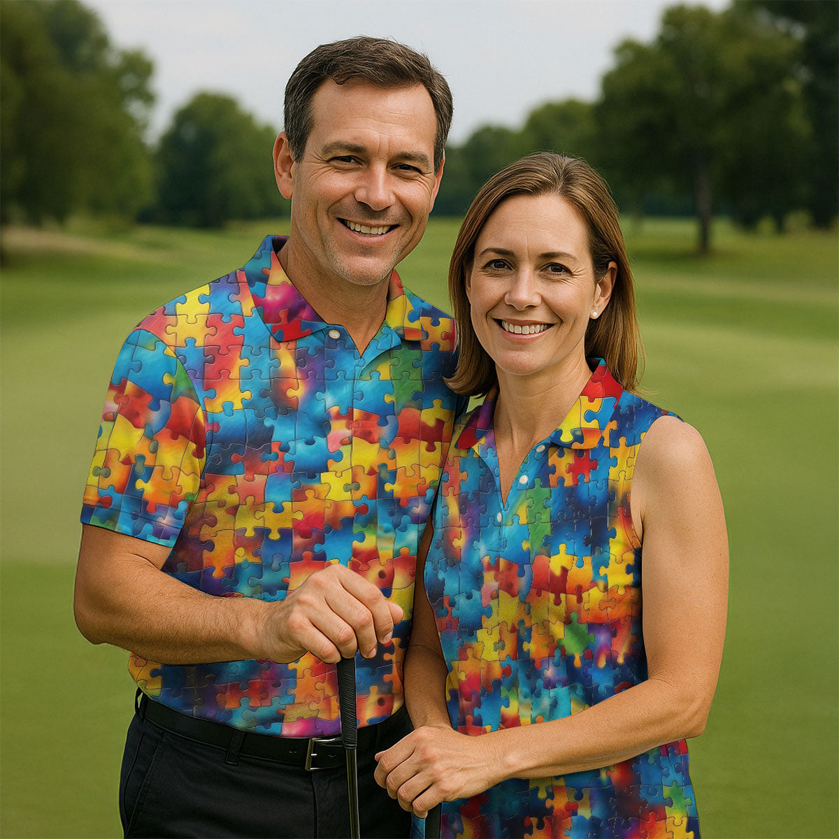 Autism Awareness Rainbow Gradient Puzzle Pattern Golf Tops For Men, Men's Golf Shirt, Polo Shirts For Men