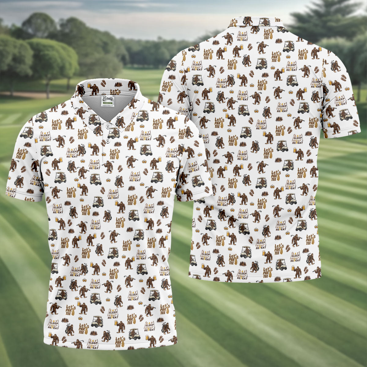 Let's Par Tee Bigfoot Golf Pattern Men's Golf Shirt, Golf Apparel For Men, Printed Golf Shirts