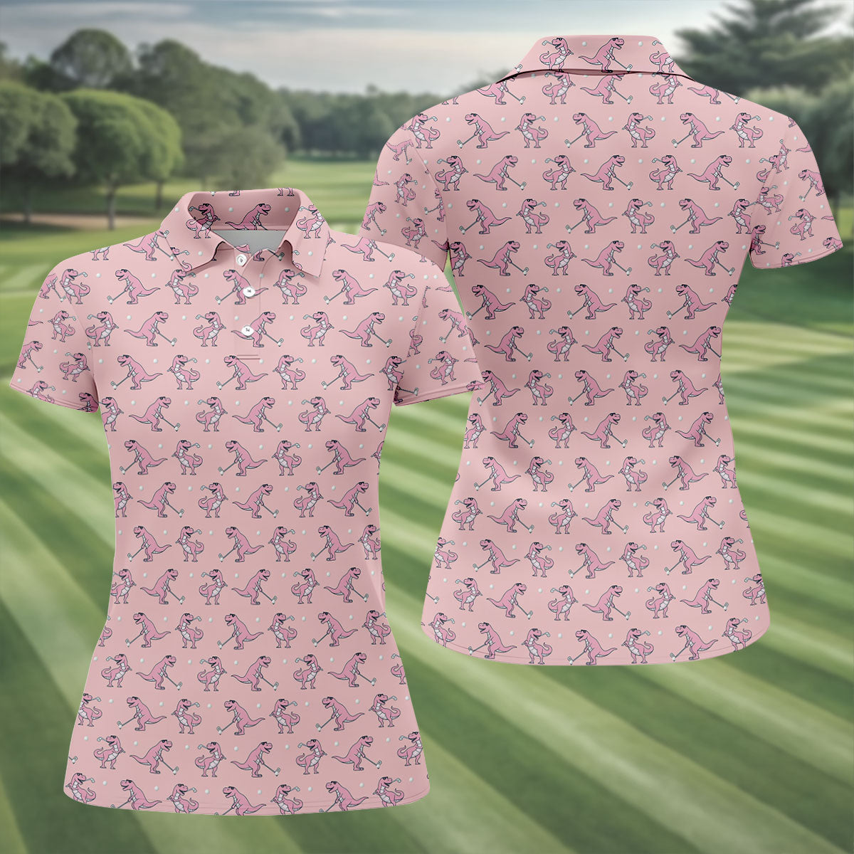 Pink T-Rex Dinosaur Golfer Pattern Golf Polo Shirt, Golf Tops For Women, Ladies Golf Top