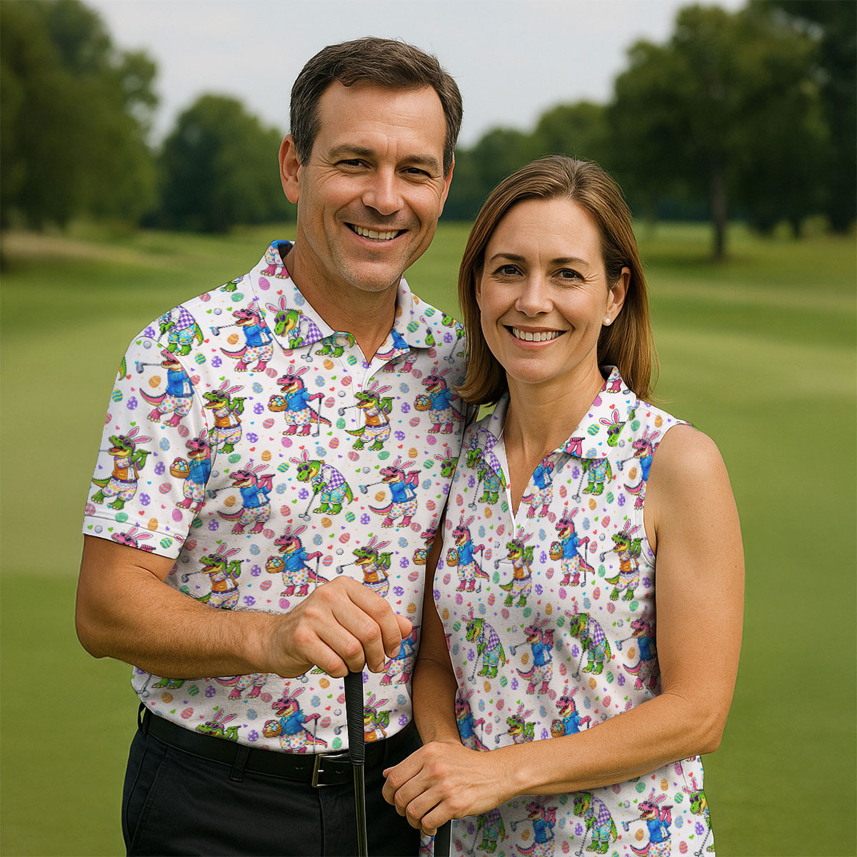 Easter Dinosaur Gradient Pattern Men's Funny Golf Shirts, Golf Shirts For Men, Polo Shirts For Men