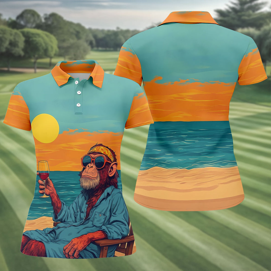 Monkey Gentleman Sunset Coast Hawaiian Golf Shirt, Women's Golf Tops, Ladies Golf Shirts