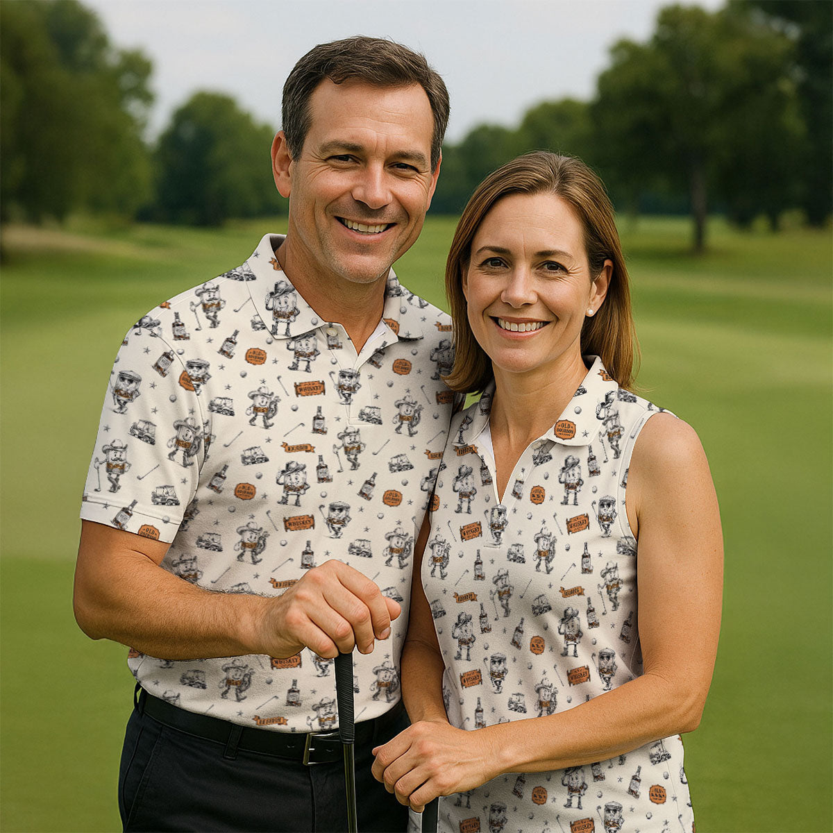 Vintage Bourbon Whiskey Golf Pattern Polo Shirt, Golf Polo Shirts For Men, Mens Golf Apparel