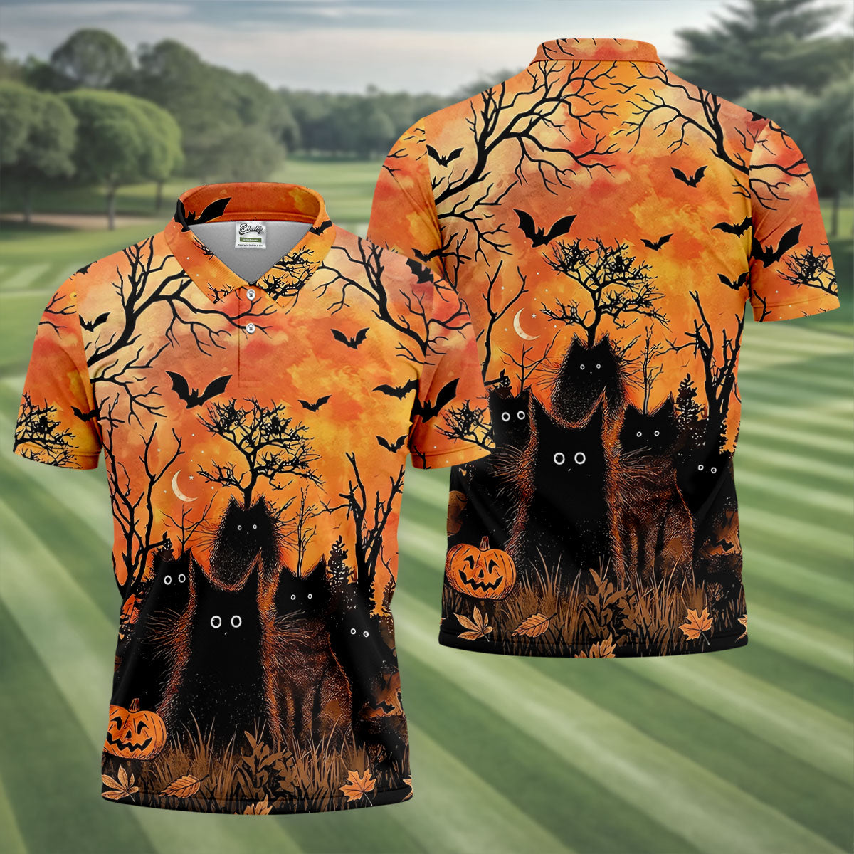 Spooky Black Cat Halloween Golf Polo Shirt, Men's Golf Shirts, Hawaiian Golf Shirt