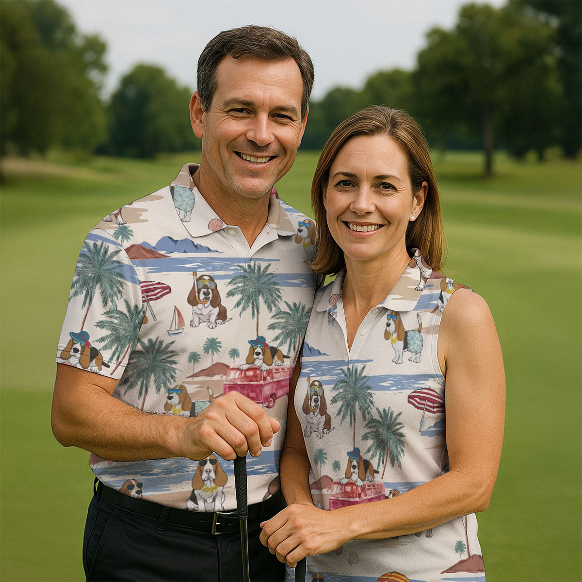 Summer Basset Hound Paradise Hawaiian Golf Polo, Golf Tops For Men, Golfing Apparel