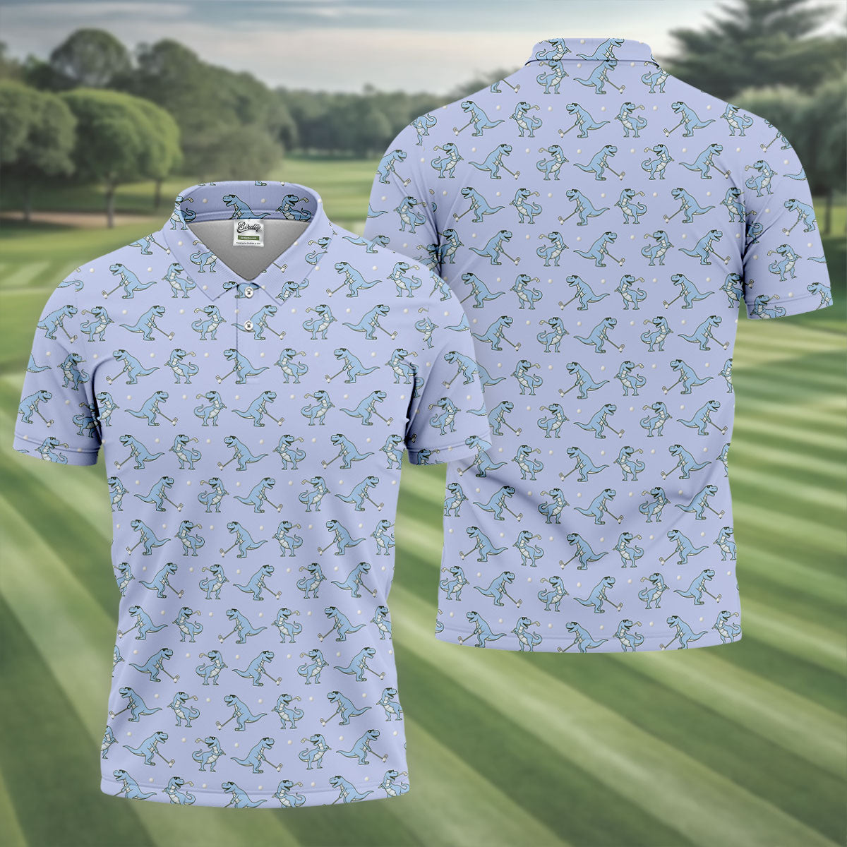 Blue T-Rex Dinosaur Golfer Pattern Golf Polo Shirt, Men's Golf Shirt, Mens Golf Polo