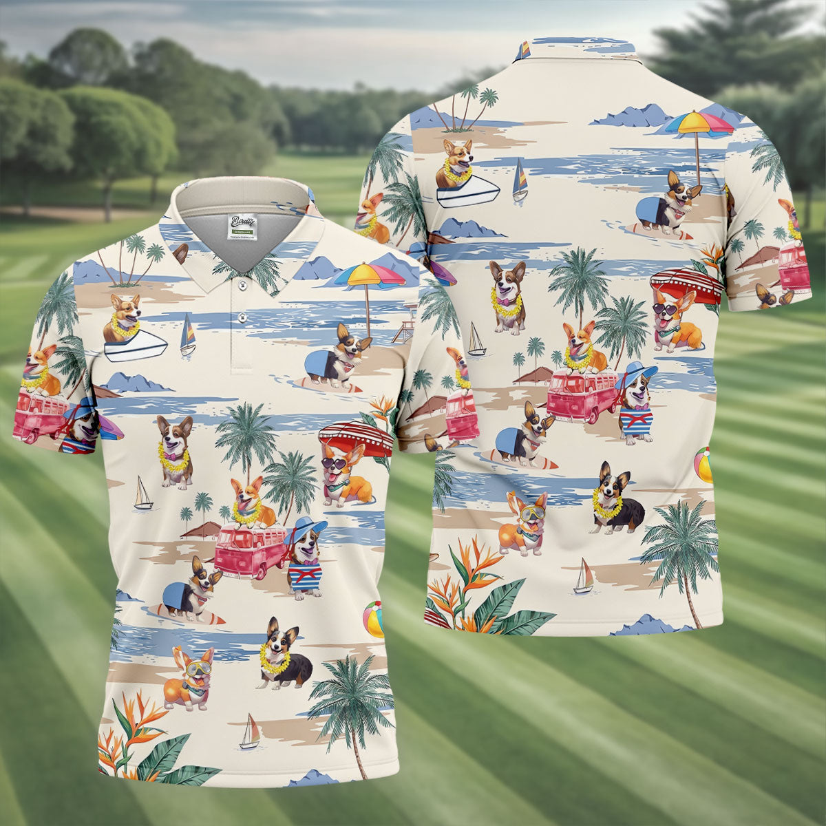 Cute Corgi Beach Vacation Golf Polo Shirt, Golf Polo Shirts For Men, Mens Golf Apparel