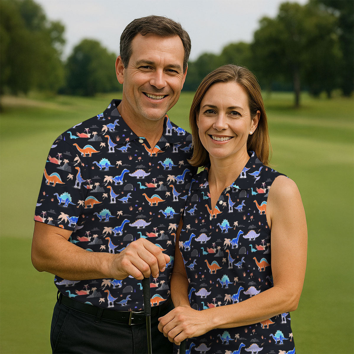 Colorful Dinosaur Hawaiian Golf Shirt, Cute Golf Outfit, Men's Golf Shirt, Polo Shirts For Men