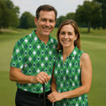 Green And White Lucky Four Leaf Clover Argyle Pattern St Patrick's Day Golf Shirt, Polo Shirts For Men