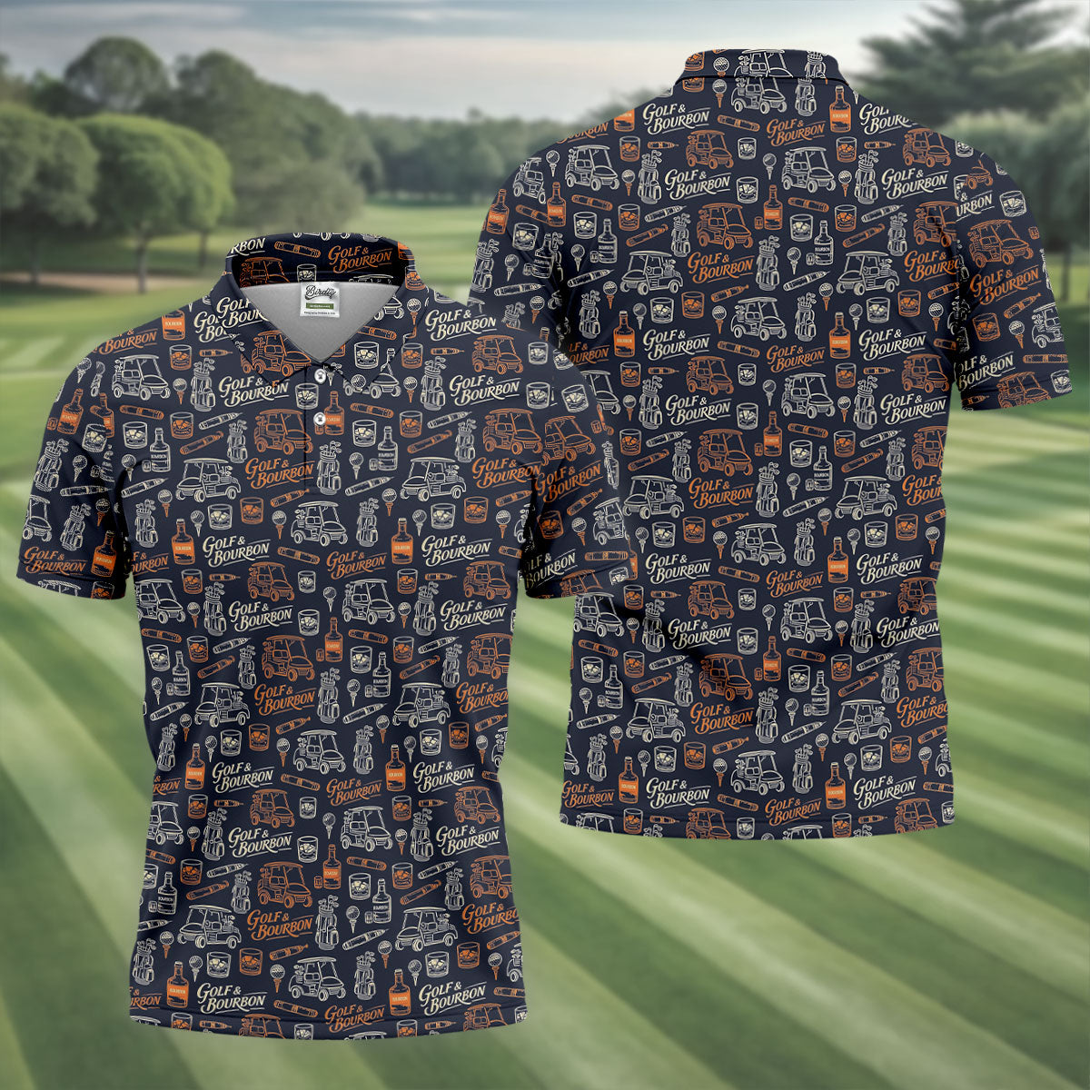 Funny Golf Bourbon Cigar Pattern Polo Shirt, Golf Polo Shirts For Men, Mens Golf Apparel
