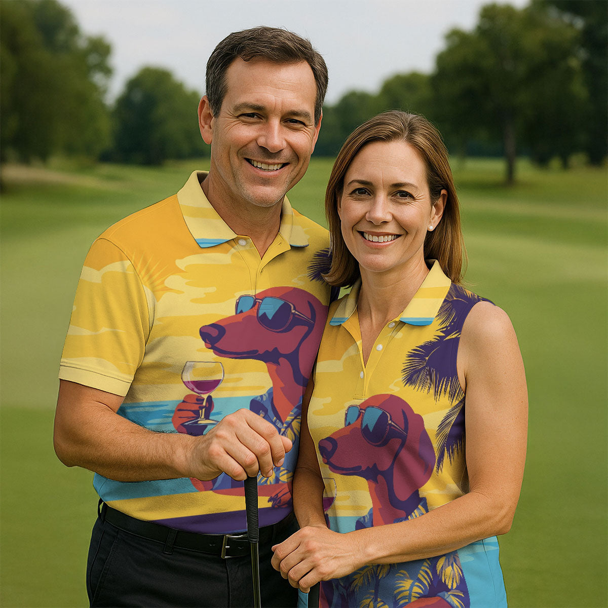 Funny Dachshund Beach Men's Polo Shirt, Hawaiian Golf Polo, Cool Golf Gifts, Unique Gift For Golfer