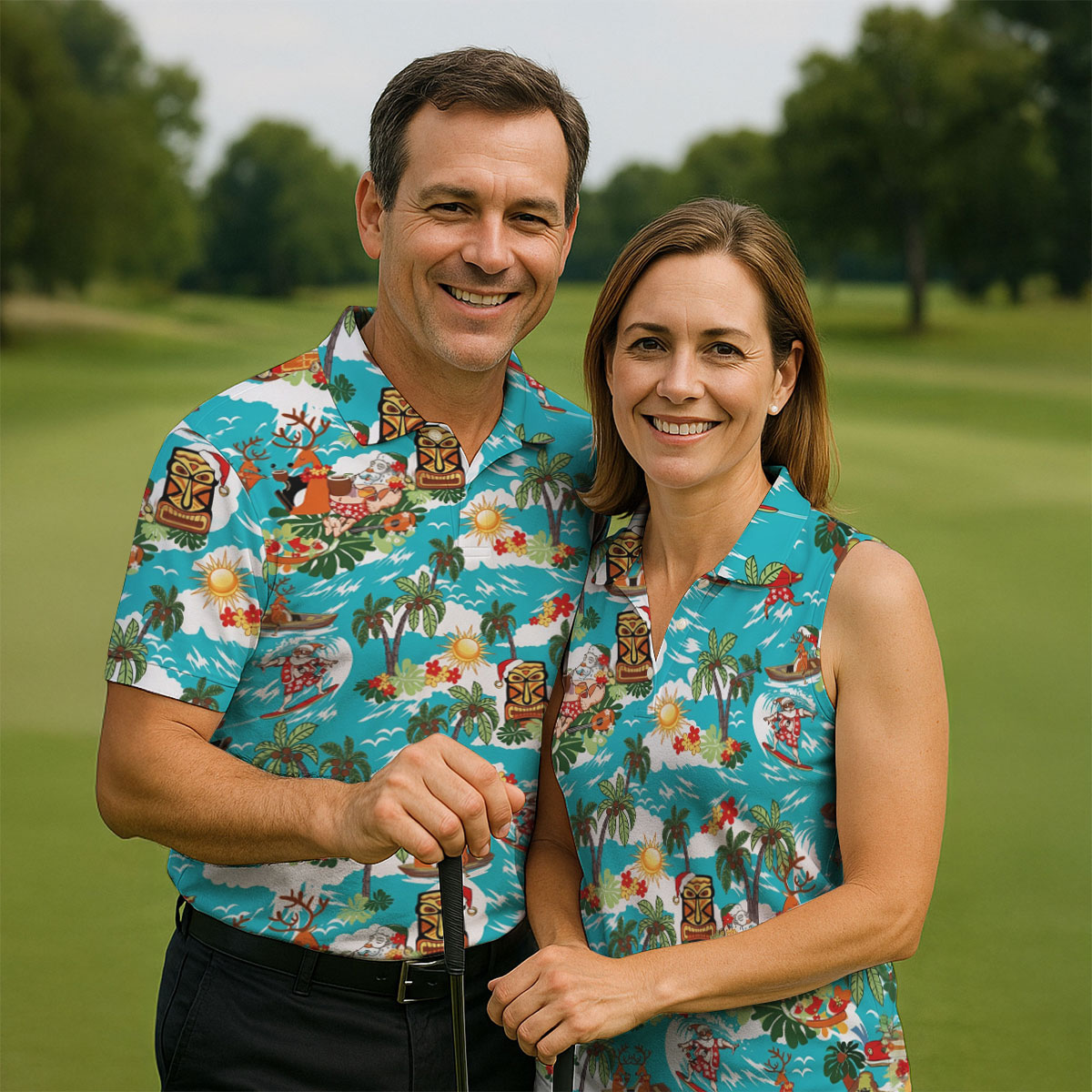 Men's Funny Surfing Santa Hawaiian Golf Shirt, Christmas Golf Shirt, Fun Golf Polo For Men