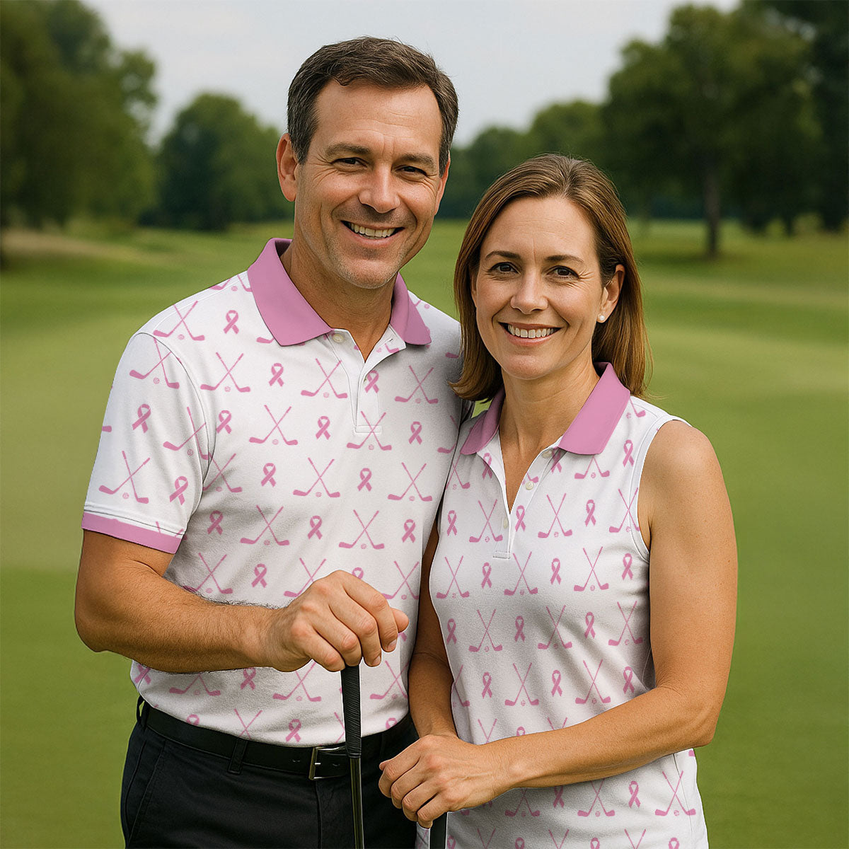 Pink Ribbon Golf Clubs Breast Cancer Polo Shirt, Golf Shirts For Men, Mens Golf Apparel