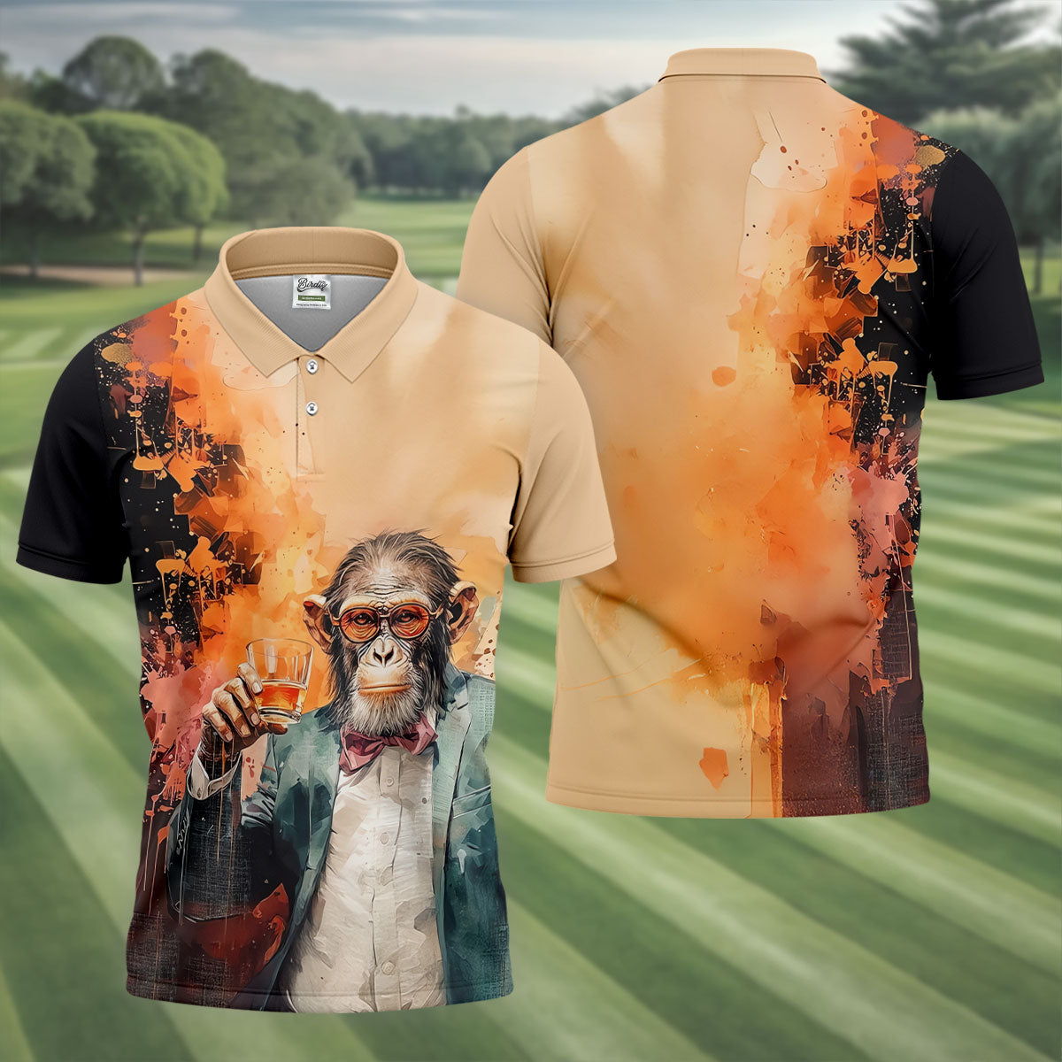 Gentleman Monkey Whiskey Golden Sunset Hawaiian Golf Polo, Golf Tops For Men, Golfing Apparel