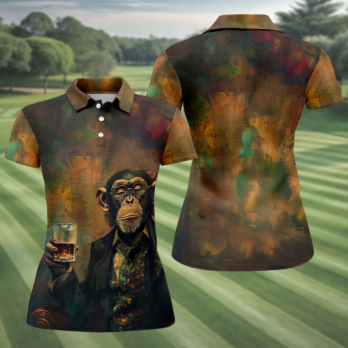 Monkey Gentleman Vintage Oak Hawaiian Golf Polo, Golf Tops For Women, Golfing Apparel