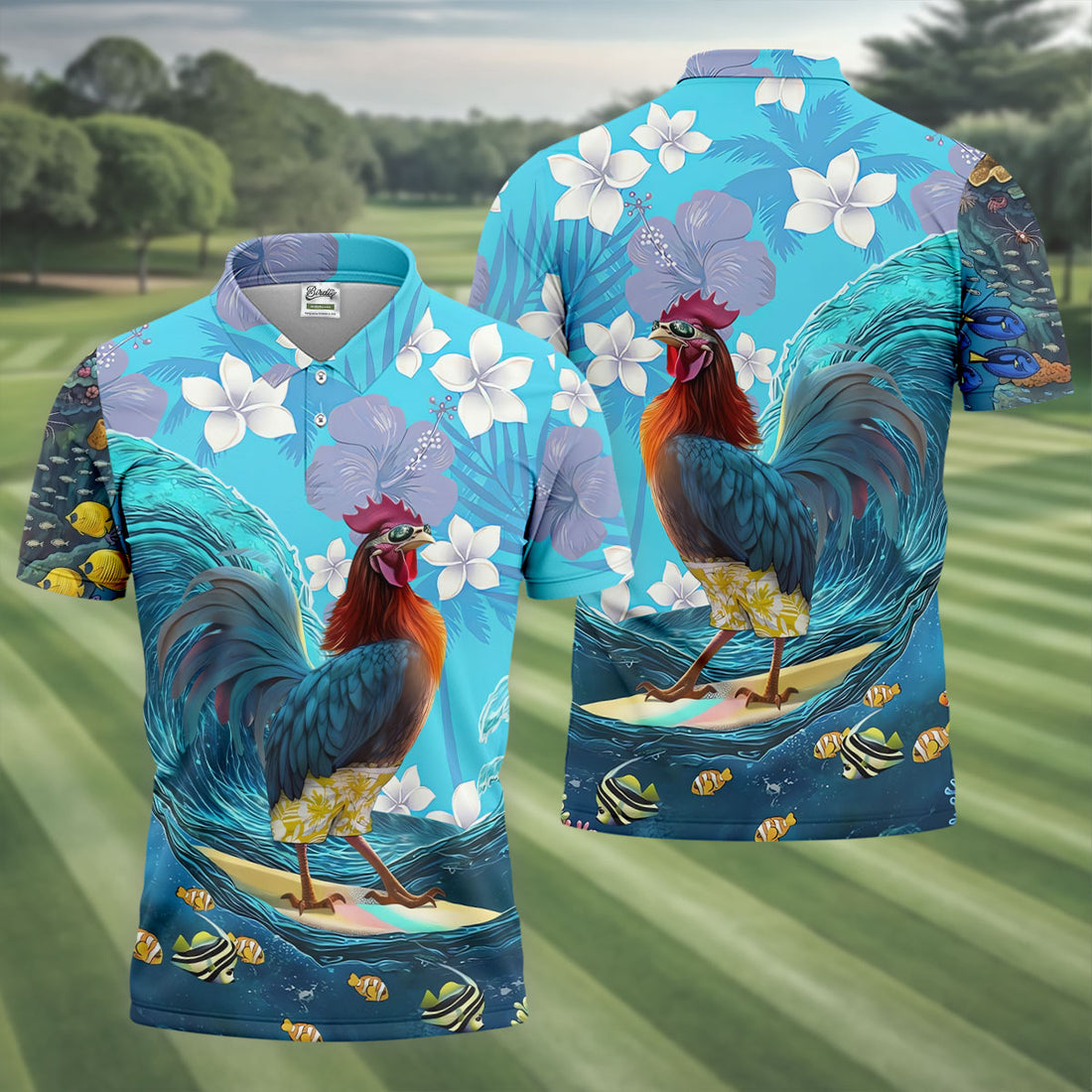 Tropical Floral Beach Scene with Ocean Surf Hawaiian Golf Polo, Golf Tops For Men, Golfing Apparel