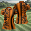 Orange Tiger Stripe Split Pattern Golf Shirt, Women's Golf Tops, Ladies Golf Shirts, Printed Golf Shirt