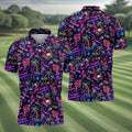 Tropical Theme Neon Pattern Black Golf Shirt, Men's Funny Golf Shirts, Polo Shirts For Men