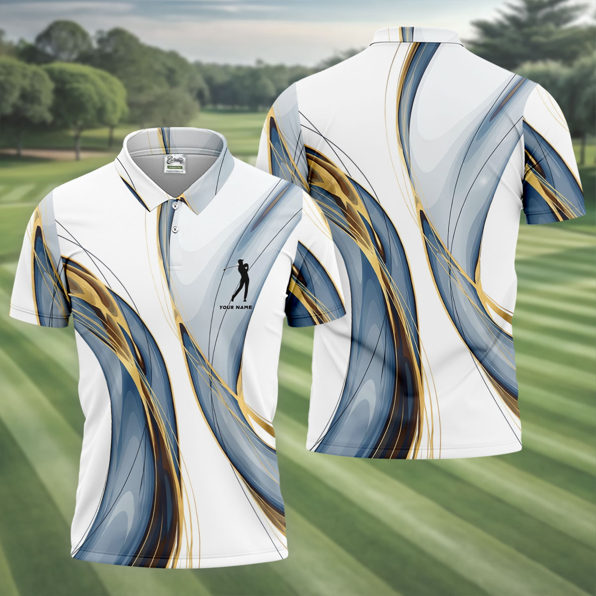 Elegant Blue Gray and Gold Swirl Pattern Hawaiian Golf Polo, Golf Tops For Men, Golfing Apparel