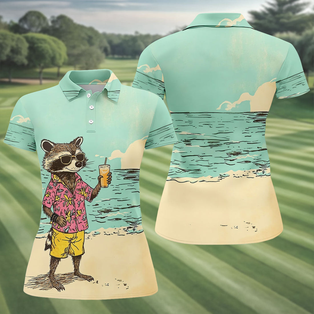 Raccoon Tropical Beach Escape Hawaiian Golf Shirt, Women's Golf Tops, Ladies Golf Shirts