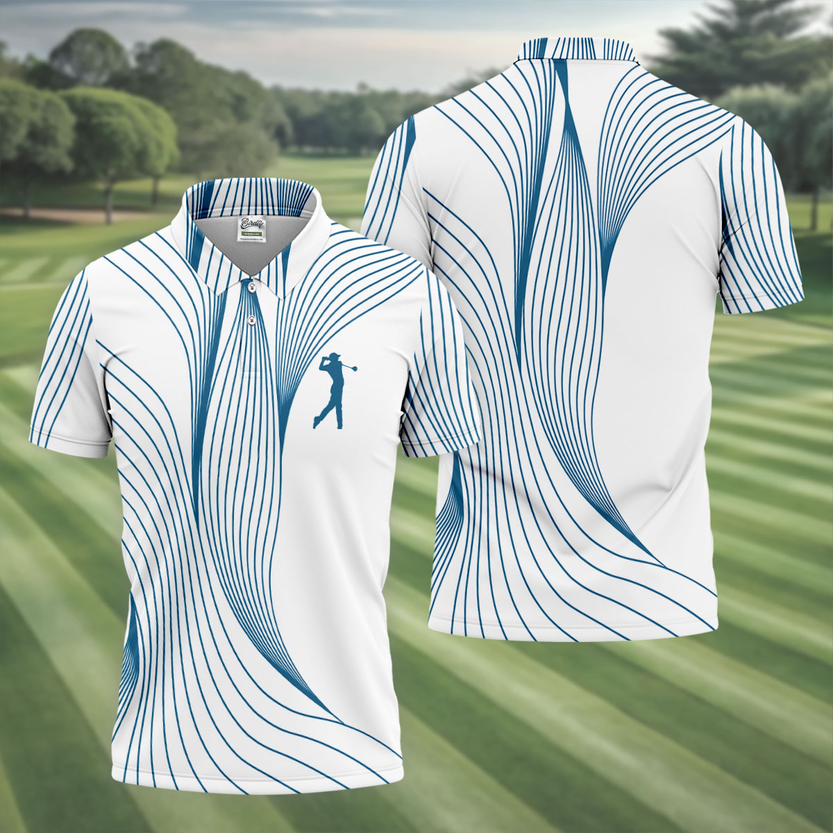 Geometric Line Wavy Line Blue And White Golf Shirts For Men, Men's Golf Shirt, Polo Shirts For Men