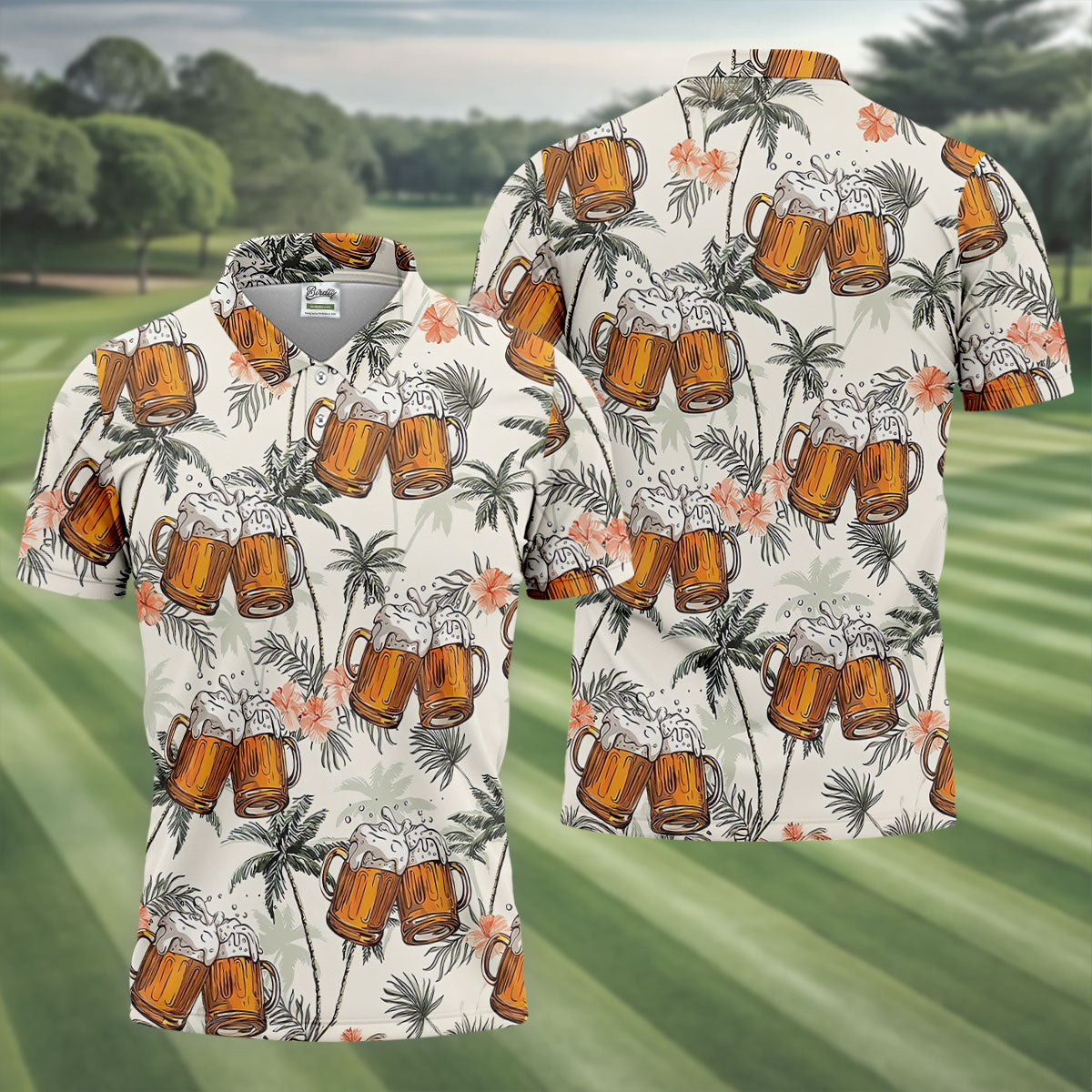 Tropical Palm Trees and Frosty Beer Mug Hawaiian Golf Polo, Golf Tops For Men, Golfing Apparel