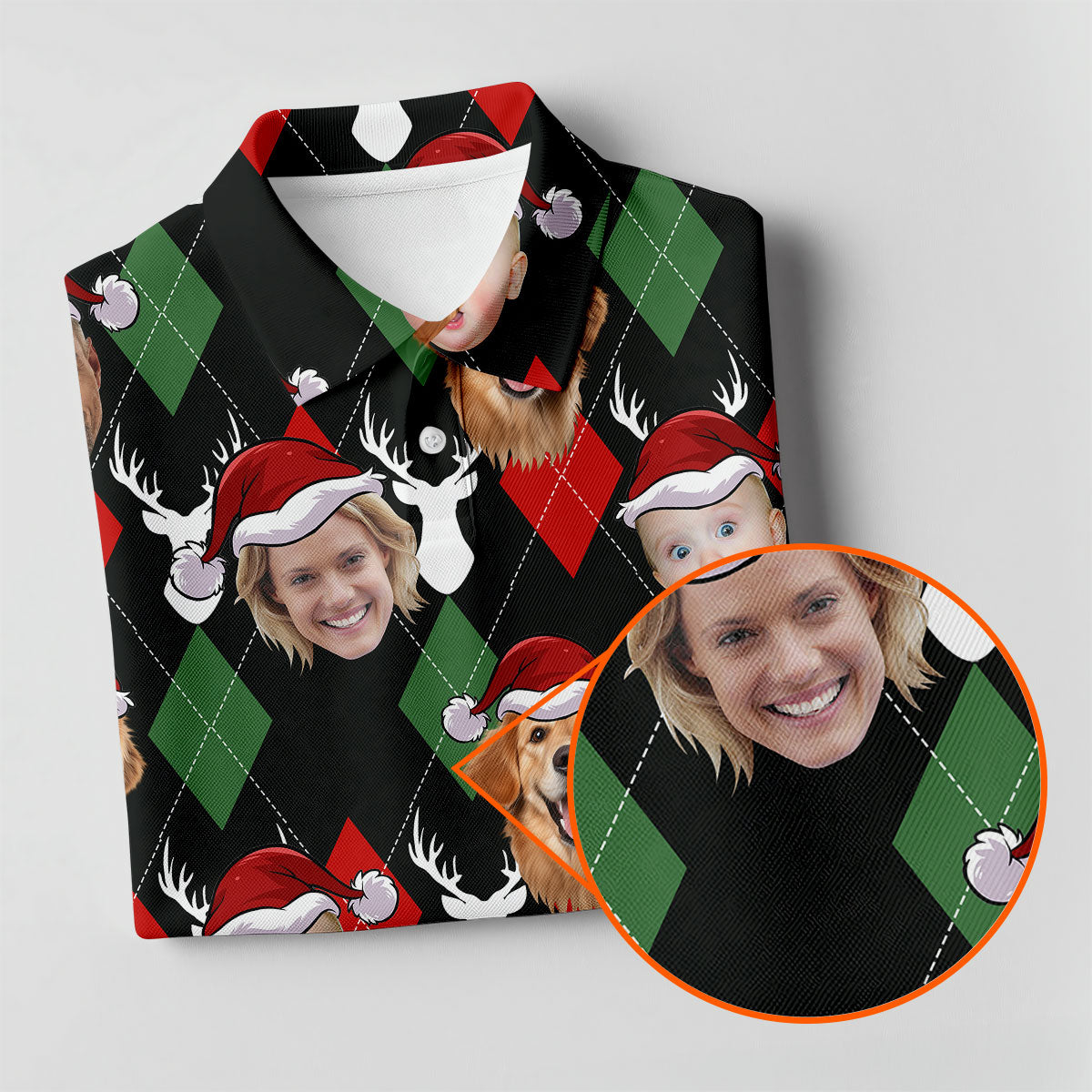 Custom Face Red And Green Argyle Pattern Christmas Women's Golf Tops, Ladies Golf Shirts, Christmas Golf Gift