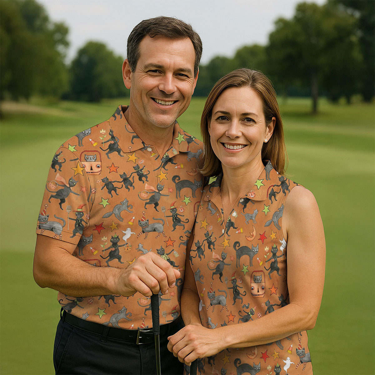 Vintage Black Cat Halloween Pattern Polo Shirt, Mens Golf Polo, Golf Apparel For Men