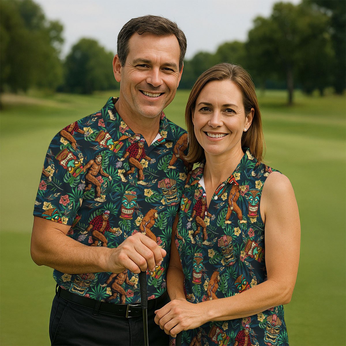 Bigfoot Tropical Tiki Resort Pattern Design Hawaiian Golf Polo, Golf Tops For Men, Golfing Apparel