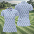 Blue T-Rex Dinosaur Golfer Pattern Golf Polo Shirt, Womens Golf Tops, Printed Golf Shirt