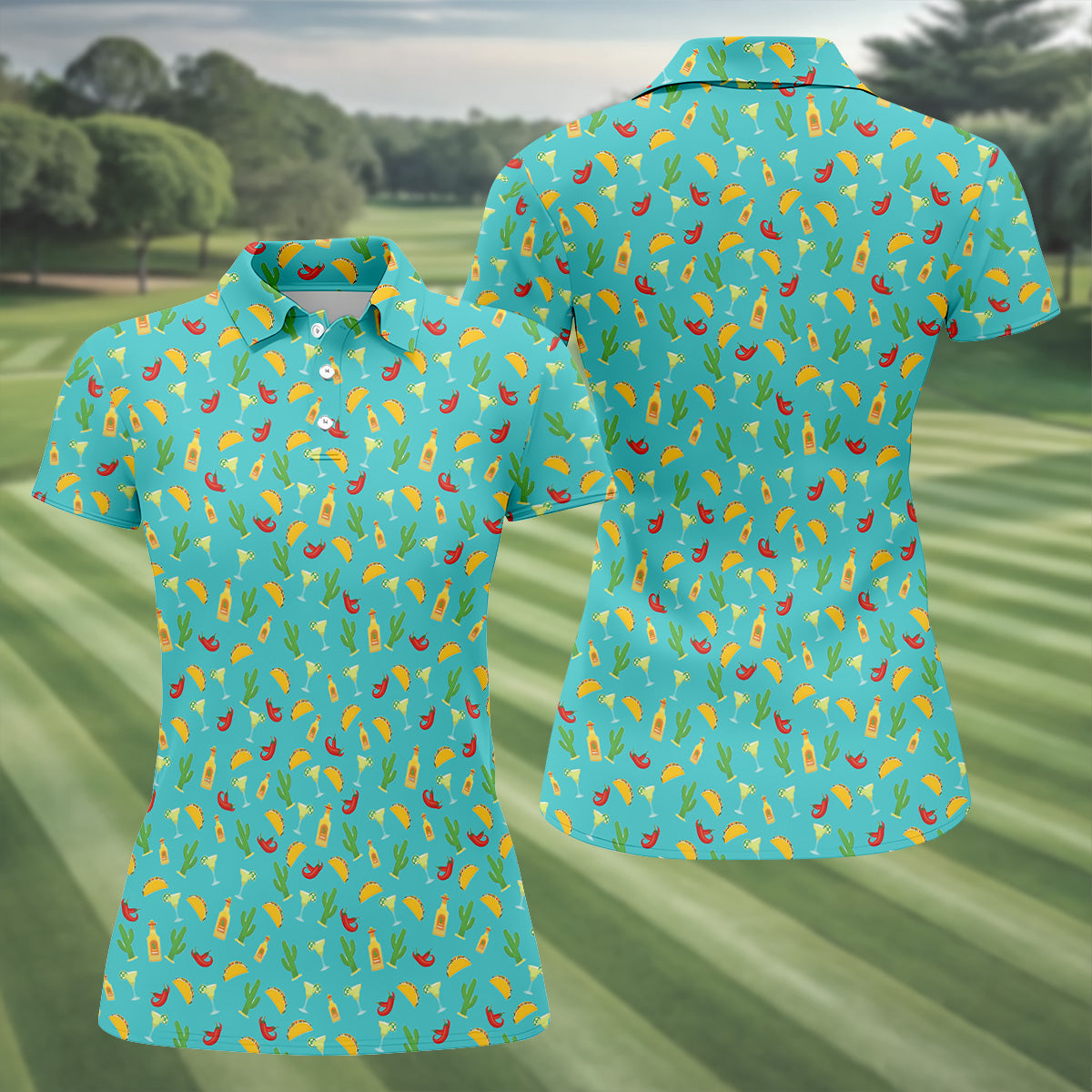 Tropical Vibe Hawaiian Pattern Turquoise Golf Shirt, Women's Golf Tops, Golf Gift For Ladies