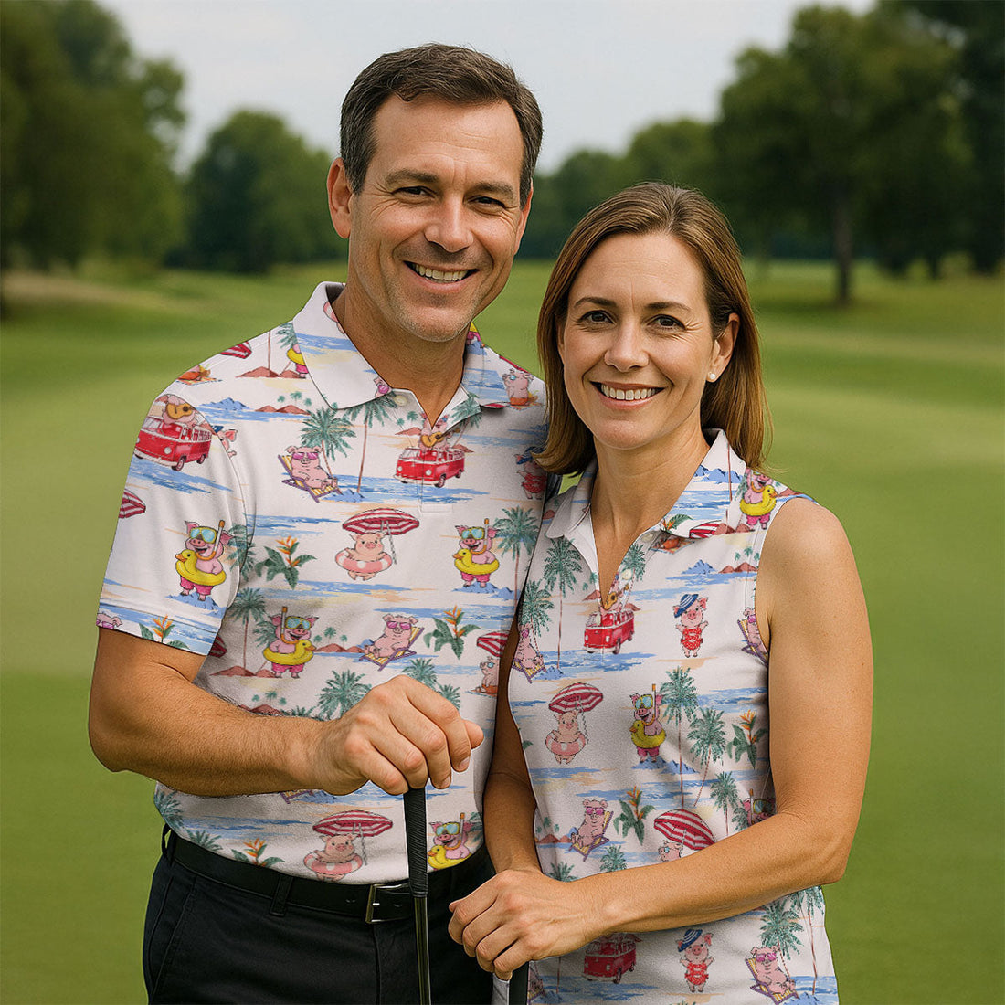 Cute Pig Beach Adventure Hawaiian Golf Polo, Golf Tops For Women, Golfing Apparel