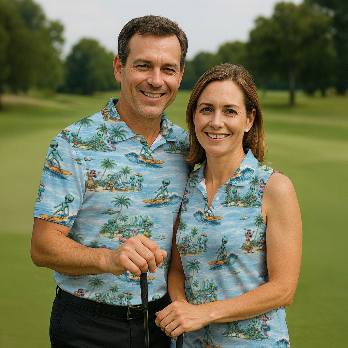 Green Alien Riding Waves on Tropical Island Beach Hawaiian Golf Polo, Golf Tops For Men, Golfing Apparel