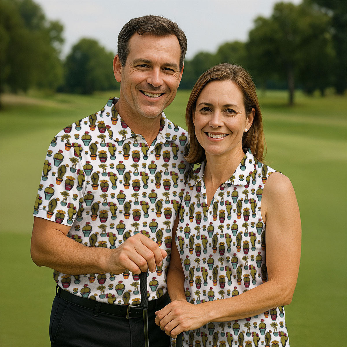 Funny Potted Cactus Pattern Men's Golf Polo Shirt, Adult Humor Golf Apparel For Men, Printed Golf Shirts