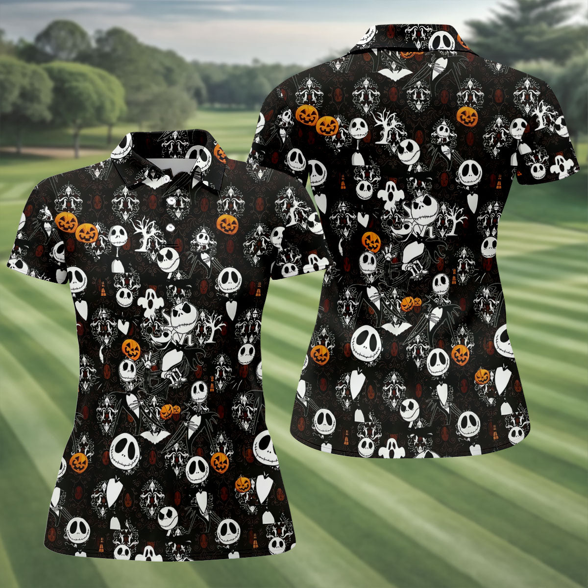 Halloween Pumpkin Skeleton Pattern Golf Polo Shirt, Golf Shirts For Women, Ladies Golf Tops