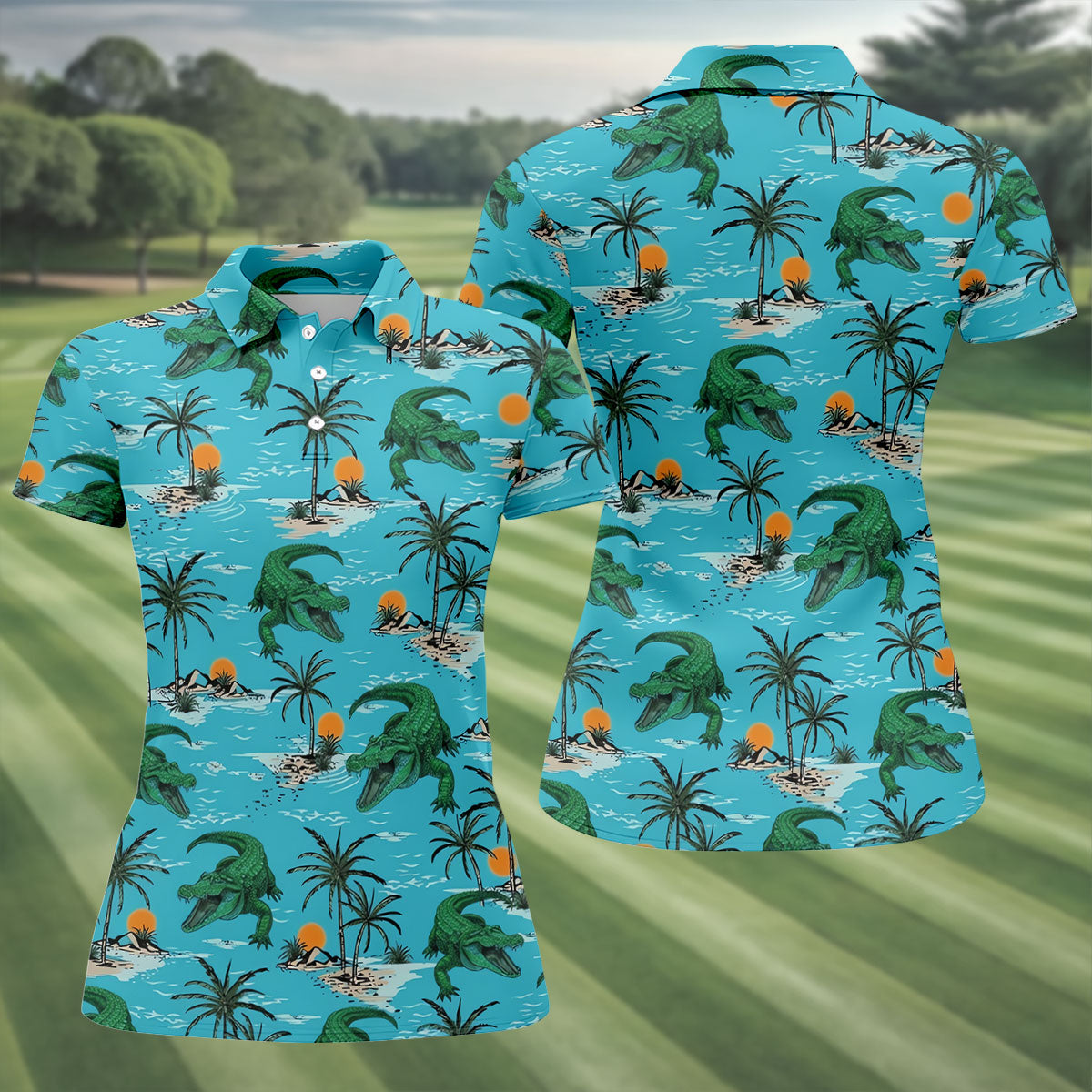 Tropical Alligators on Island Beaches Hawaiian Golf Polo, Golf Tops For Women, Golfing Apparel