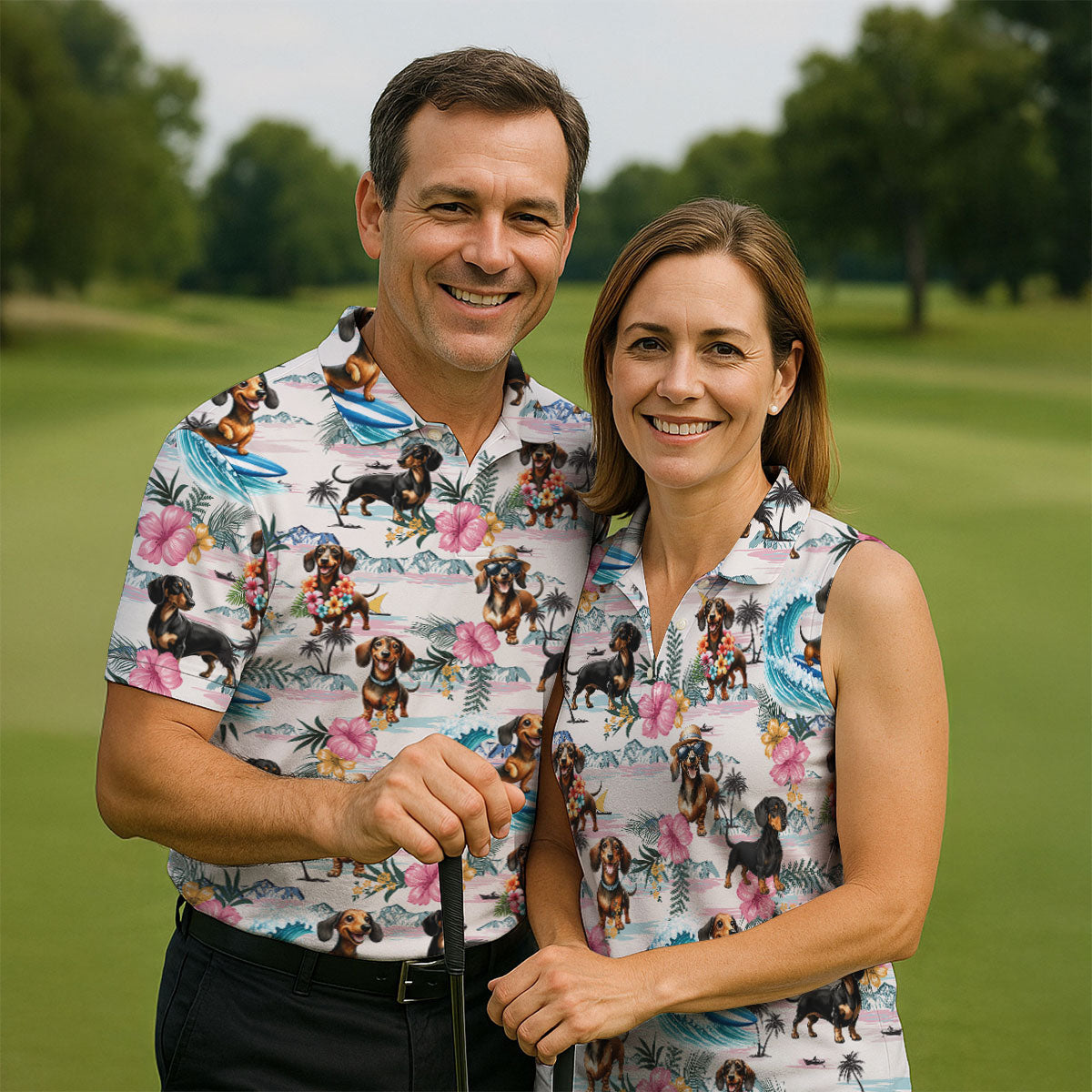 Cartoon Dachshund Tropical Theme Hawaiian Golf Shirt, Men's Golf Shirt, Polo Shirts For Men