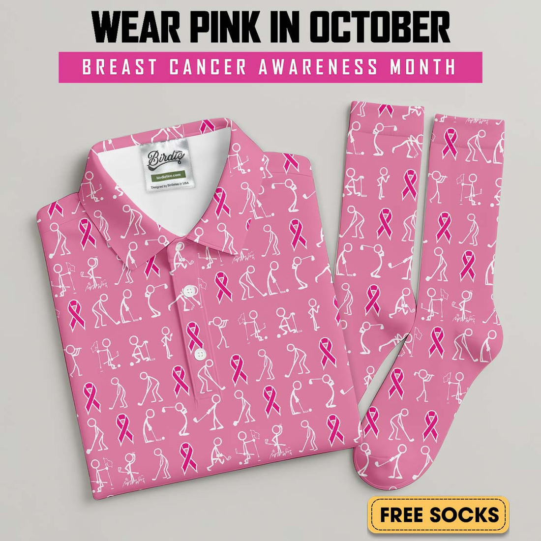 Funny Stick Figure Men's Golf Shirt With Socks Free, Breast Cancer Awareness Gift