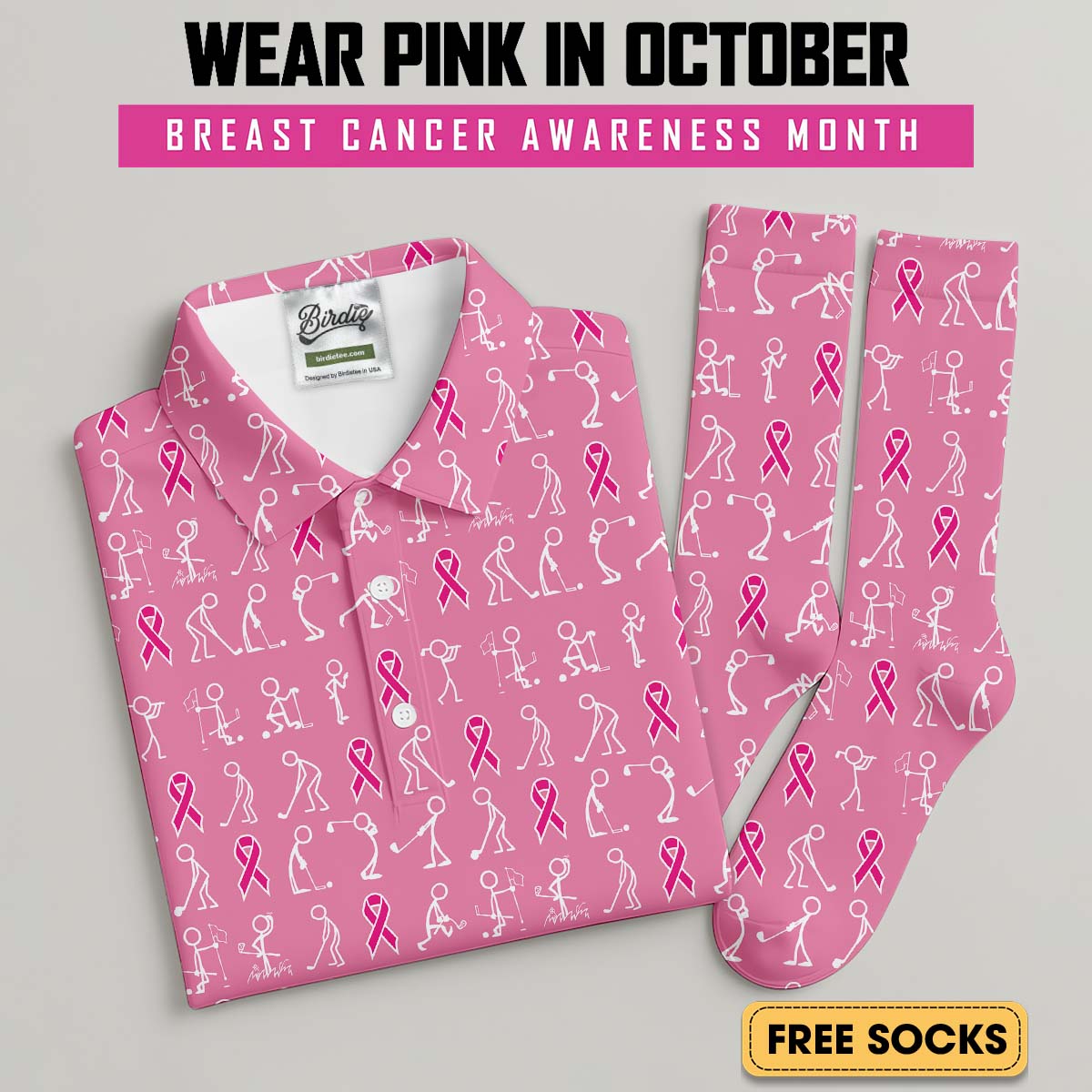 Funny Stick Figure Men's Golf Shirt With Socks Free, Breast Cancer Awareness Gift