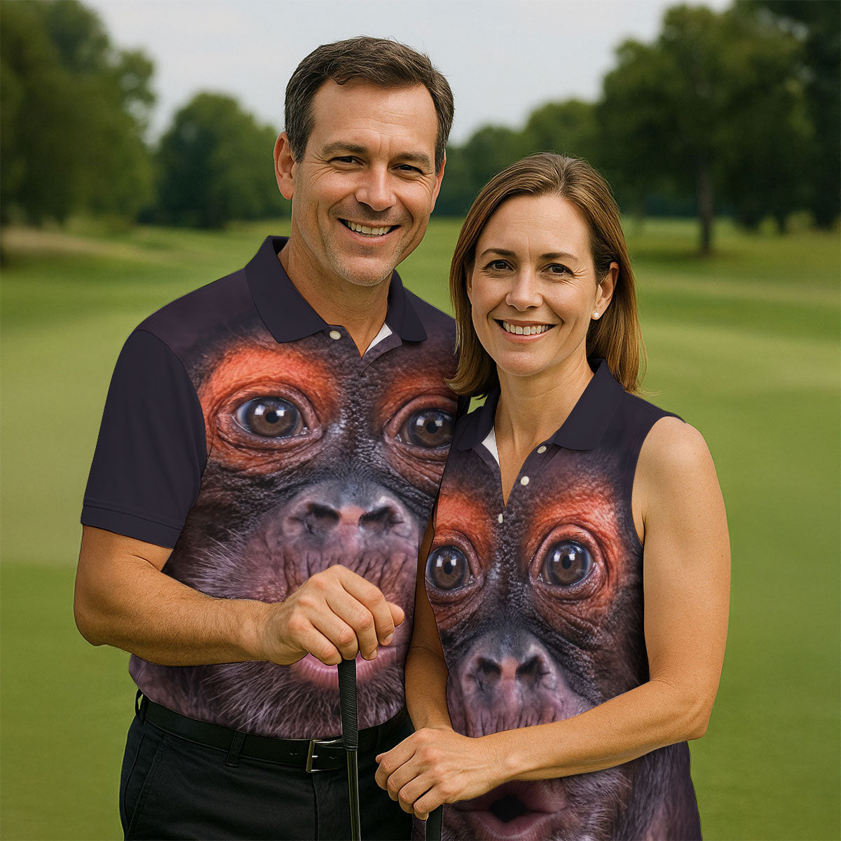 Funny Monkey Face Closeup Print Hawaiian Golf Polo, Golf Tops For Men, Golfing Apparel
